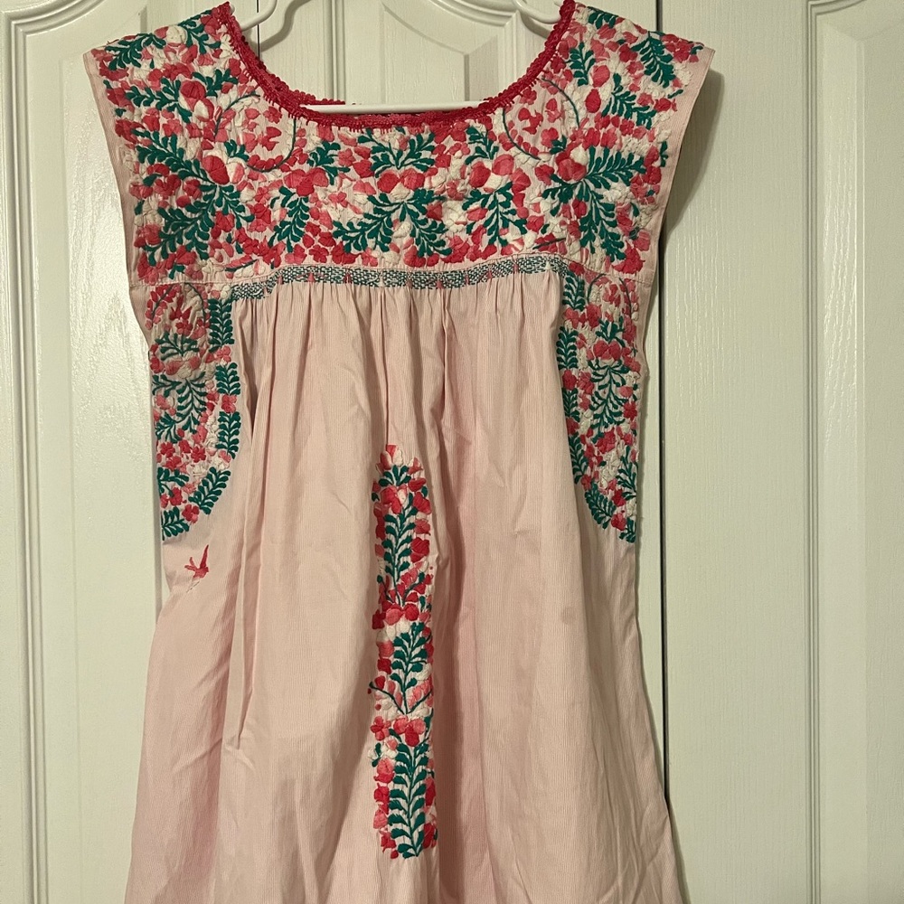 Mi Golondrina Pink Tunic with Red and Green Embroidery